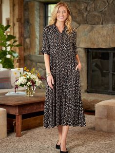 This fresh Ella Simone Tiered Floral Maxi Dress features a three-tiered skirt with gentle gathers along the waist to provide shaping and casual style. The soft rayon is the perfect midweight for all-season wear and this A-line dress has a relaxed silhouette, making it a comfortable longer dress you can wear for almost every occasion. Thoughtful details add the perfect finishing touches to this floral dress and include fabric-covered buttons, elbow-length sleeves with banded cuffs, and side-seam pockets. You'll love this maxi dress for its beauty and beautiful fit! This item runs large; please order accordingly to ensure the best fit. Longer maxi dress Generous A-line styling Pretty rose print Front placket with self-covered buttons Three-tiered long skirt Gentle gathers at the waist Elbow-