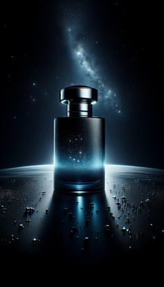 an artistic image of a bottle in the middle of space with stars and planets around it