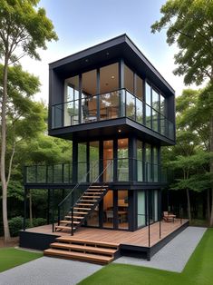 a modern house in the middle of a grassy area with stairs leading up to it