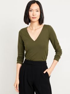 deep v-neck long sleeves fitted hits at waist models are approx.  5'9" and wear sizes s (4), l (12), and xl (18)machine wash according to the care instruction label  . Best Holiday gift for Women , perfect T Shirts for Christmas! Olive Top, Pajamas Gift, Neck Women, Family Maternity, Old Navy Women, Petite Size, Neck Shirt, Deep V Neck, Womens Clothing Tops