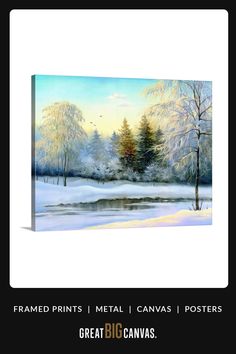 a painting of trees and water in the snow