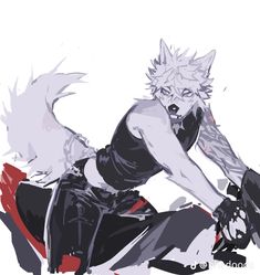 a drawing of a person on a motorcycle with white hair and black pants, sitting down