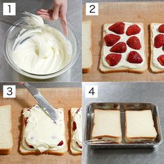 four pictures showing how to make strawberry shortbreads with cream cheese and strawberries