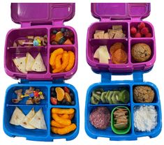 two purple lunch boxes filled with different types of food