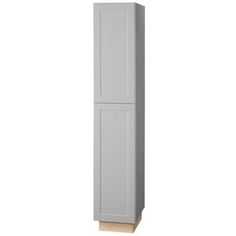 a tall gray cabinet with two doors on each side and one door open to reveal the bottom