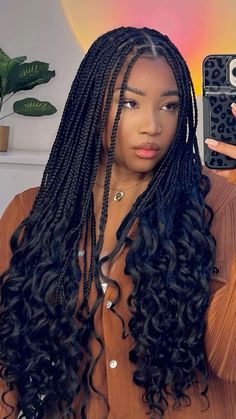 Nice Rasta Braids, Triangle Box Braids With Curly Ends, Mwongezo With Braids, Small Individual Braids With Curly Ends, Triangle Braids With Curly Ends, Curls At The Bottom Of Box Braids, Braids For Plus Size Black Women, Waterfall Box Braids, Bobo Goddess Box Braids