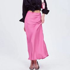 Lasaky - Elegant Pink Satin Maxi Skirt with a Touch of Grace Satin Maxi Skirt, Plain Style, Half Skirt, Pink M, Satin Maxi, Pink Satin, Street Style Outfit, Color Rosa, Types Of Skirts