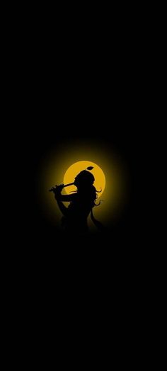 the silhouette of a woman holding a knife in front of a full moon with black background