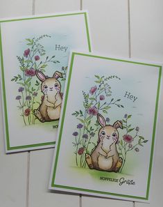 two cards with rabbits and flowers on them, one has the words hey hoppy grube