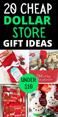 text reads, "20 cheap dollar store gift ideas under $10" collage of Christmas Dollar Tree gifts Dollar Store Gift Ideas, Diy Parent Gifts, Tree Gifts, Christmas Gift Exchange