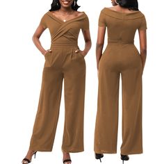 Short Sleeve V-Neck Women Jumpsuit - casual with a hint of classy. Dress up or dress down with the off shoulder shoulder jumpsuit. You can wear it any way you want! Whether you're in the mood to dress up, dress down, or both, this sleeveless jumpsuit will keep you comfortable and looking good. Whatever your mood and style, there's a wide leg jumpsuit for women to fit your needs. This off shoulder summer jumpsuit outfit is perfect for any event. Made with quality breathable fabrics, you can feel Casual Solid Jumpsuits And Rompers For Date Night, Casual Strapless Jumpsuit For Spring Evenings, Casual Strapless Jumpsuit For Evening In Spring, Casual Off-shoulder Jumpsuit For Party, Casual Fitted Strapless Jumpsuit For Evening, Casual Strapless Jumpsuit For Evening, Casual Evening Strapless Jumpsuit, Off-shoulder Jumpsuits And Rompers For Summer Formal, Formal Spring Strapless Jumpsuit