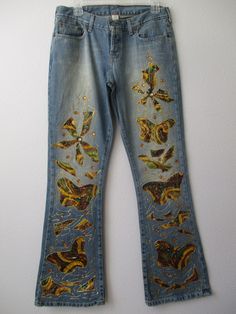 "HAND-EMBELLISHED Abecrombie & Fitch Butterfly Design Embellished JEANS ✽ ✽ ✽ Original Butterfly Print Design, Hand-embellished by Iva Boutique ✽ ✽ ✽ BRAND - Abecrombie & Fitch SIZE - 6 Tall MATERIAL  ---- 72% cotton 25% Polyester 3% cotton LINING - 97% polyester 3% spandex WAIST------------30\" HIPS ------------ 38\" RISE ------------- 11\" INSEAM -------- 32 1/2\" PATTERN ------- butterflyl print CONDITION ----- nwt MATERIAL ------- sequin & glue glitter CLOSURE ------- front zipper PACKETS -- Fitted Embellished Bottoms For Fall, Straight Leg Denim Bottoms With Sequins, Straight Leg Denim Sequined Bottoms, Casual Denim Rhinestone Jeans, Casual Denim Blue Jeans With Rhinestones, Sequined Straight Leg Denim Bottoms, Embellished Denim Blue Straight Leg Bottoms, Medium Wash Embellished Straight Leg Bottoms, Spring Denim Blue Jeans With Rhinestones