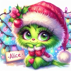 a painting of a green cat wearing a santa hat and holding a sign that says alice