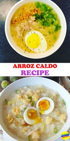 two pictures with different types of food in the same bowl and one has an egg on top