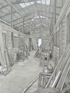 a pencil drawing of a warehouse filled with furniture