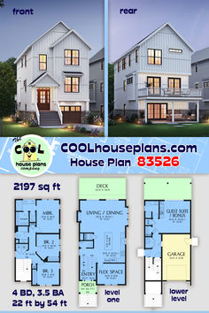 two story house plan with three levels and an open floor plan for the second level