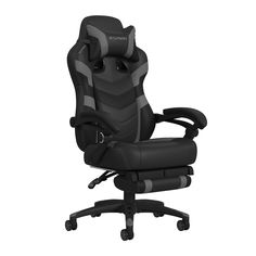 a black office chair sitting on top of a desk