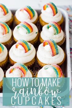 cupcakes with rainbow icing and sprinkles in a baking pan