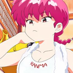 an anime character with pink hair holding a banana in one hand and looking at the camera