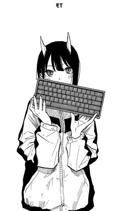 an anime character holding a keyboard in front of their face