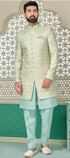 Blue color IndoWestern Dress in Banarasi Silk fabric with Embroidered, Thread work Green Floral Embroidered Sherwani For Wedding, Party Wear Indowestern Dresses, Indowestern Dress, Indo Western Dress, Western Jacket, Thread Work, Silk Fabric, Party Wear, Thread