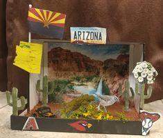 an arizona themed display with flags and flowers