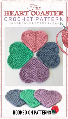 crocheted heart coasters with the text, hooked on patterns