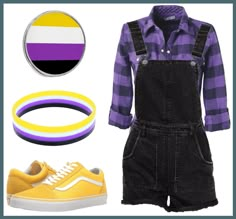 a pair of yellow shoes, black overalls and a purple striped shirt are on display