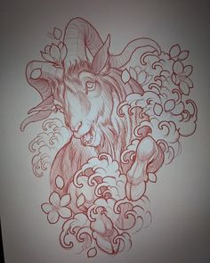 a drawing of a ram in the middle of some water waves and clouds with red ink on white paper