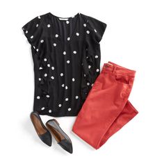 Get Inspired by Hundreds of Outfit Ideas for All Styles | Stitch Fix Style Mode Tips, Summer Work Outfits, Hailey Baldwin, Red Pants, Work Attire, Black Top, Casual Wardrobe