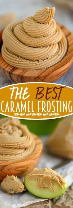 the best caramel frosting is in two wooden bowls