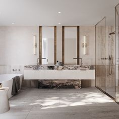 a large bathroom with two sinks and a bathtub