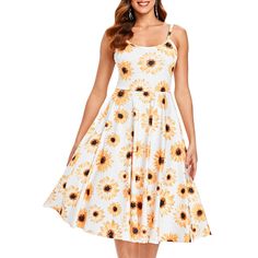 Sunflower Print Knee Length Dress - White - 3W83764513 - Women's Clothing, Dresses  #Dresses #Women's #Clothing # #Dresses Vintage Christmas Dress, Space Dress, Sunflower Dress, Fashion Flowers, Dress Shopping, Sunflower Print, Print Dresses, Cocktail Dress Lace, Vintage Style Outfits