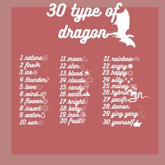 the 30 type of dragon is shown on a red background with white lettering and numbers