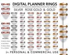 digital planner rings with rose gold and gold in different colors, sizes and shapes for personal use