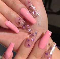 Acrylic nails/false fake nails/Gel nails/ Coffin butterfly Etsy White Spring Nail Ideas, Ongles Rose Pastel, Butterfly Nail Designs, French Pedicure, Clear Acrylic Nails, Tapered Square Nails, Cute Acrylic Nail Designs, Matte Pink, Acrylic Nails Coffin Short