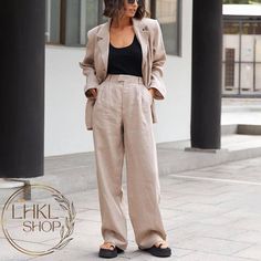 Linen Blazer And Pants Set, Women Linen Suit Set, Oversize Linen Coat, Linen Jacket For Women, Formal Blazer, Loose Linen Jacket, Two Piece Women Suit My new set is the perfect blend of style and sophistication. This set includes a long-sleeved blazer and a pair of tailored trousers. The blazer has a contemporary design with its oversize that exudes modern elegance.  The high-waisted trousers are a true embodiment of refined fashion. The wide legs create a graceful flow as you move, capturing at Black Linen Suit For Women, Womens Linen Suit, Linen Suits Women, Formal Blazer, Refined Fashion, Linen Coat, Beige Outfit, Linen Suit, Linen Jacket