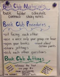 a white board with writing on it that says book club materials and other information