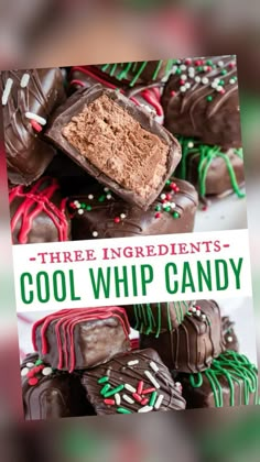 there is a white plate with chocolate covered candys and the words three ingredients - cool whip candy