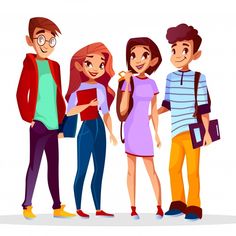 group of young people standing together with backpacks and books in their hands - people characters