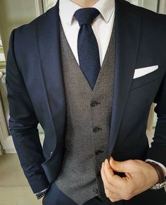 Navy Blue Suit With Grey Vest, Navy And Grey Suit, Navy Suit Grey Waistcoat, Mens Wedding Suits Navy, Tuxedo For Wedding, Groom Suite, Wedding Suits Men Blue, Navy Slim Fit Suit, Grey Waistcoat