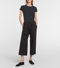 Jubin cropped poplin wide-leg pants in black - The Row | Mytheresa Chic Cotton Straight Culottes, Relaxed Fit Cotton Wide-leg Culottes, High-waisted Relaxed Fit Cotton Culottes, Chic Cotton Culottes For Work, Chic Wide Leg Cotton Culottes, Cotton Culottes For Workwear, Elegant Cotton Culottes, Elegant High-waisted Cotton Culottes, Black Cotton Casual Culottes