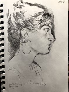 a drawing of a woman's profile with her hair pulled back and ear piercings