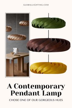 an advertisement for a contemporary pendant lamp that is made out of wood and has three different colors