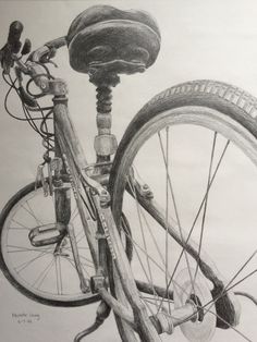 a pencil drawing of a bicycle parked next to a pole with two tires on it