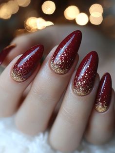 24 Xmas Nail Design Ideas For Christmas In 2024 Red New Year Nails, Red And Gold New Years Nails, Nails Christmas And New Years, Red And Gold Manicure, Burgundy Christmas Nail Ideas, Christmas Nails Red Sparkle, Christmas 2024 Nails, Red Festive Nails, Red New Years Nails