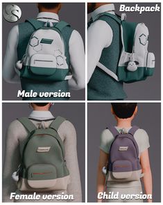 four different views of the back pack for male and female backpacks, with instructions on how to use it