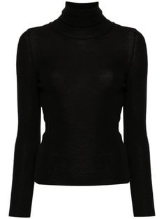 black cashmere-silk blend fine knit high neck long sleeves straight hem Elegant Black Turtleneck For Fall, Black Fine Knit Turtleneck Sweater, Elegant Turtleneck Mock Neck Top, Elegant Long Sleeve Mock Neck Top For Winter, Luxury Turtleneck Sweater For Fall, Elegant Mock Neck Top For Winter Layering, Sleek Black Mock Neck Top For Fall, Chic Black Fine Knit Turtleneck, Luxury Fine Knit Winter Tops