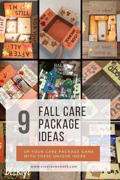 the 9 fall care package ideas are displayed in this collage with orange and brown boxes