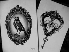 two drawings of skulls and a bird with a key in the shape of a heart